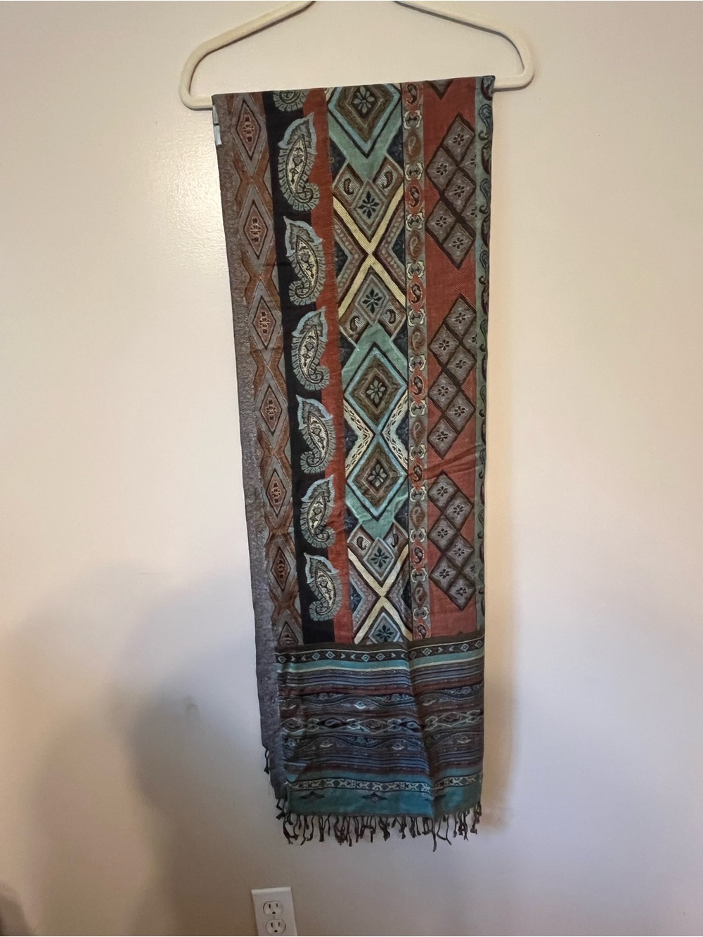 Chico's Patterned Paisley & Geometric Fringe Scarf in Rust and Teal